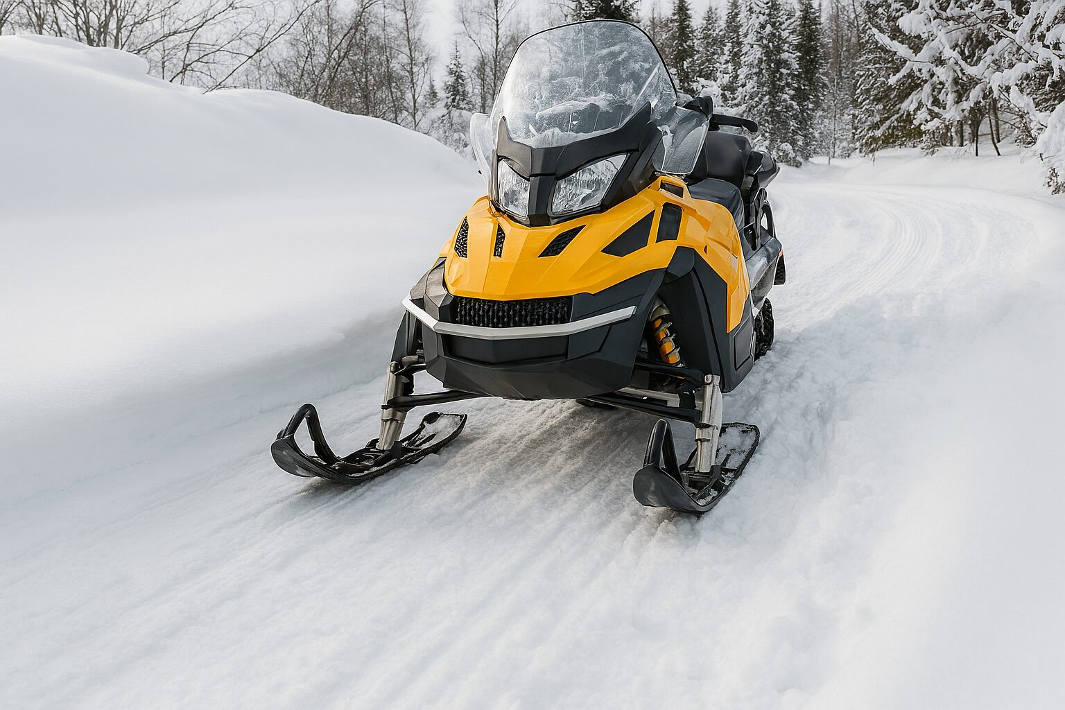 Snowmobile parked on snowy trail.